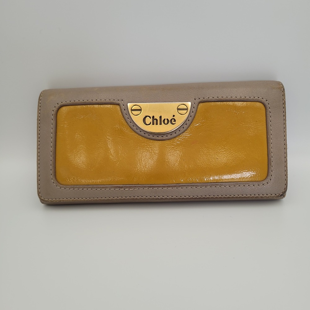 Chloe Taupe Leather Mustard Patent Inlay Long Continental Wallet 7EPM02-7E422